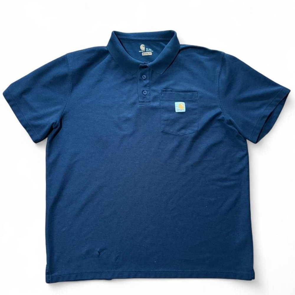 Modern Carhartt Polo Navy Button Up Workwear Pocket Utility Logo Shirt